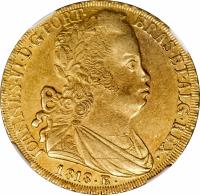 Brazil coin 6400 Réis - João VI (1818 - 1822) obverse obverse of 6400 Réis - João VI (1818 - 1822) coin with KM# 328 from Brazil. Inscription: JOANNES · VI · D · G · PORT · BRAS · ET · ALG · REX · 1818 · R ·