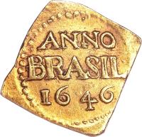 reverse of 3 Florins (1645 - 1646) coin with KM# 5 from Brazil. Inscription: ANNO BRASIL 1646