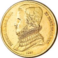 obverse of 10000 Réis - Pedro II (1849 - 1851) coin with KM# 460 from Brazil. Inscription: PETRUS II.D.G.C.IMP. ET.PERP.BRAS.DEF. 1850