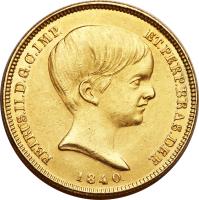 obverse of 10000 Réis - Pedro II (1833 - 1840) coin with KM# 451 from Brazil. Inscription: PETRUS.II.D.G.C.IMP. ET.PERP.BRAS.DEF. 1840.