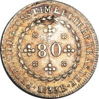 obverse of 80 Réis - Pedro II (1833) coin with KM# 388 from Brazil.
