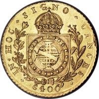 Brazil coin 6400 Réis - Pedro I (1823 - 1830) reverse reverse of 6400 Réis - Pedro I (1823 - 1830) coin with KM# 370 from Brazil. Inscription: IN HOC SIGNO VINCES 6400