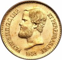 Brazil coin 20000 Réis - Pedro II (1851 - 1852) obverse obverse of 20000 Réis - Pedro II (1851 - 1852) coin with KM# 463 from Brazil. Inscription: PETRUS.II.D.G.C.IMP. ET PERP.BRAS.DEF. 1852