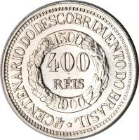 Brazil coin 400 Réis - Discovery (1900) reverse reverse of 400 Réis - Discovery (1900) coin with KM# 499 from Brazil. Inscription: CENTENARIO DO DESCOBRIMENTO DO BRASIL 1500 400 RÉIS 1900