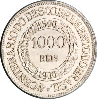 reverse of 1000 Réis - Discovery (1900) coin with KM# 500 from Brazil.
