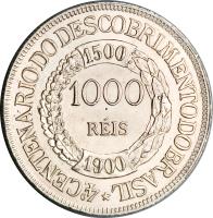 Brazil coin 1000 Réis - Discovery (1900) reverse reverse of 1000 Réis - Discovery (1900) coin with KM# 500 from Brazil.