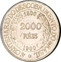 Brazil coin 2000 Réis - Discovery (1900) reverse reverse of 2000 Réis - Discovery (1900) coin with KM# 501 from Brazil.