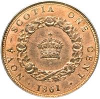 reverse of 1 Cent - Victoria (1861) coin with KM# Pn9 from Canadian provinces. Inscription: NOVA-SCOTIA ONE CENT · 1861 ·