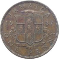 Jamaica coin 1 Penny - George VI (1937) reverse reverse of 1 Penny - George VI (1937) coin with KM# 29 from Jamaica. Inscription: JAMAICA 19 37 ONE PENNY
