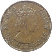 obverse of 1 Penny - Elizabeth II - 1'st Portrait (1964 - 1967) coin with KM# 39 from Jamaica. Inscription: QUEEN ELIZABETH THE SECOND