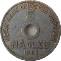 Vietnam coin 5 Xu (1958) reverse reverse of 5 Xu (1958) coin with KM# 7 from Vietnam. Inscription: NGÂN HÀNG QUỐC GIA VIỆT NAM 5 NĂMXU 1958