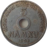 reverse of 5 Xu (1958) coin with KM# 7 from Vietnam. Inscription: NGÂN HÀNG QUỐC GIA VIỆT NAM 5 NĂMXU 1958