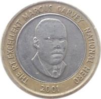 obverse of 20 Dollars - Elizabeth II - National Heroes: Marcus Garvey (2000 - 2008) coin with KM# 182 from Jamaica. Inscription: THE RT. EXCELLENT MARCUS GARVEY NATIONAL HERO 2000