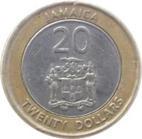 reverse of 20 Dollars - Elizabeth II - National Heroes: Marcus Garvey (2000 - 2008) coin with KM# 182 from Jamaica. Inscription: JAMAICA 20 TWENTY DOLLARS OUT OF MANY, ONE PEOPLE