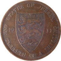 Jersey coin 1/12 Shilling - George V (1911 - 1923) reverse reverse of 1/12 Shilling - George V (1911 - 1923) coin with KM# 12 from Jersey. Inscription: STATES OF JERSEY. 19 11 ONE TWELFTH OF A SHILLING.
