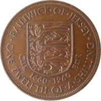 reverse of 1/12 Shilling - Elizabeth II - Charles II - 1'st Portrait (1960) coin with KM# 23 from Jersey. Inscription: · BAILIWICK · OF · JERSEY · CIIR 1660-1960 EIIR ONE · TWELFTH · OF · A · SHILLING