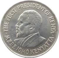obverse of 1 Shilling - With legend (1969 - 1978) coin with KM# 14 from Kenya. Inscription: MZEE JOMO KENYATTA THE FIRST PRESIDENT OF KENYA