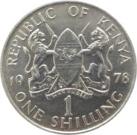 reverse of 1 Shilling - With legend (1969 - 1978) coin with KM# 14 from Kenya. Inscription: REPUBLIC OF KENYA 19 71 HARAMBEE 1 ONE SHILLING