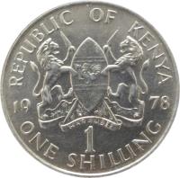 Kenya coin 1 Shilling - With legend (1969 - 1978) reverse reverse of 1 Shilling - With legend (1969 - 1978) coin with KM# 14 from Kenya. Inscription: REPUBLIC OF KENYA 19 71 HARAMBEE 1 ONE SHILLING