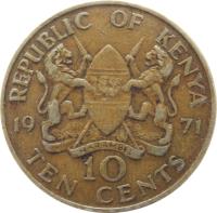 Kenya coin 10 Cents - With legend (1969 - 1978) reverse reverse of 10 Cents - With legend (1969 - 1978) coin with KM# 11 from Kenya. Inscription: REPUBLIC OF KENYA 19 71 10 TEN CENTS HARAMBEE