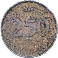 reverse of 250 Livres (1995 - 2014) coin with KM# 36 from Lebanon. Inscription: 2000 250 LIVRES BANQUE DU LIBAN
