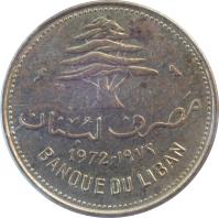 obverse of 10 Piastres (1968 - 1975) coin with KM# 26 from Lebanon. Inscription: 1972 BANQUE DU LIBAN