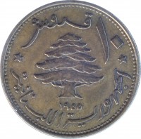 Lebanon coin 10 Piastres (1955) obverse obverse of 10 Piastres (1955) coin with KM# 23 from Lebanon. Inscription: ١٠ قروش ١٩٥٥ الجمهورية اللبنانية