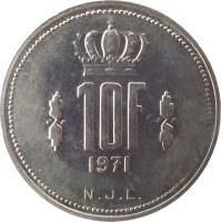 Luxembourg coin 10 Francs - Jean I (1971 - 1980) reverse reverse of 10 Francs - Jean I (1971 - 1980) coin with KM# 57 from Luxembourg. Inscription: 10F 1971 N.J.L.