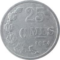 Luxembourg coin 25 Centimes (1954 - 1972) reverse reverse of 25 Centimes (1954 - 1972) coin with KM# 45a from Luxembourg. Inscription: 25 CMES 1954