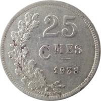 reverse of 25 Centimes - Charlotte (1938) coin with KM# 42a from Luxembourg. Inscription: 25 CMES 1938 EVERAERTS