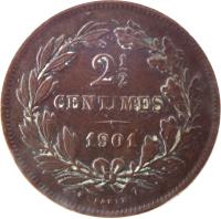 Luxembourg coin 2 1/2 Centimes - William III / Adolphe (1854 - 1908) reverse reverse of 2 1/2 Centimes - William III / Adolphe (1854 - 1908) coin with KM# 21 from Luxembourg. Inscription: 2 1/2 CENTIMES 1908