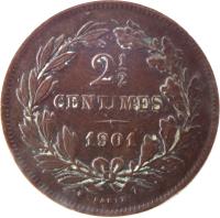 reverse of 2 1/2 Centimes - William III / Adolphe (1854 - 1908) coin with KM# 21 from Luxembourg. Inscription: 2 1/2 CENTIMES 1908