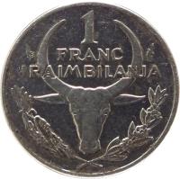 reverse of 1 Franc (1965 - 2002) coin with KM# 8 from Madagascar. Inscription: 1 FRANC IRAIMBILANJA