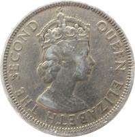 obverse of 1 Rupee - Elizabeth II - 1'st Portrait (1956 - 1978) coin with KM# 35 from Mauritius. Inscription: QUEEN ELIZABETH THE SECOND