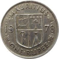Mauritius coin 1 Rupee - Elizabeth II - 1'st Portrait (1956 - 1978) reverse reverse of 1 Rupee - Elizabeth II - 1'st Portrait (1956 - 1978) coin with KM# 35 from Mauritius. Inscription: · · MAURITIUS · · 19 78 · · ONE · RUPEE · ·