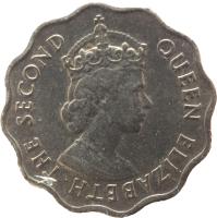 obverse of 10 Cents - Elizabeth II - 1'st Portrait (1954 - 1978) coin with KM# 33 from Mauritius. Inscription: QUEEN ELIZABETH THE SECOND