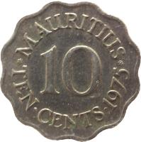 reverse of 10 Cents - Elizabeth II - 1'st Portrait (1954 - 1978) coin with KM# 33 from Mauritius. Inscription: *MAURITIUS* 10 TEN · CENTS · 1971