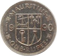 Mauritius coin 1 Rupee (1987 - 2010) reverse reverse of 1 Rupee (1987 - 2010) coin with KM# 55 from Mauritius. Inscription: MAURITIUS 19 90 · ONE · RUPEE ·