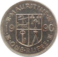 reverse of 1 Rupee (1987 - 2010) coin with KM# 55 from Mauritius. Inscription: MAURITIUS 19 90 · ONE · RUPEE ·