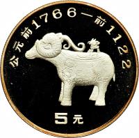 China coin 5 Yuán - Bighorn sheep (1992) reverse reverse of 5 Yuán - Bighorn sheep (1992) coin with KM# 457 from China.