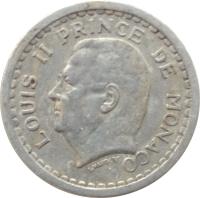 obverse of 1 Franc - Louis II (1943) coin with KM# 120 from Monaco. Inscription: LOUIS II PRINCE DE MONACO L. MAUBERT