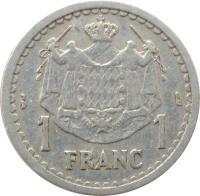 Monaco coin 1 Franc - Louis II (1943) reverse reverse of 1 Franc - Louis II (1943) coin with KM# 120 from Monaco. Inscription: 1 FRANC 1 DEO JUVANTE