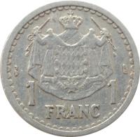 reverse of 1 Franc - Louis II (1943) coin with KM# 120 from Monaco. Inscription: 1 FRANC 1 DEO JUVANTE