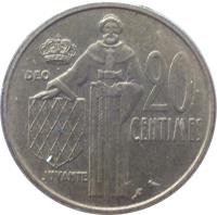 reverse of 20 Centimes - Rainier III (1962 - 1995) coin with KM# 143 from Monaco. Inscription: 20 CENTIMES DEO JUVANTE