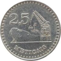 Mozambique coin 2,5 Meticais (1980 - 1986) reverse reverse of 2,5 Meticais (1980 - 1986) coin with KM# 100 from Mozambique. Inscription: 2,5 METICAIS