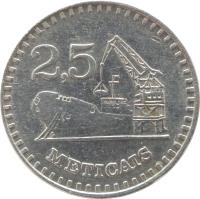 reverse of 2,5 Meticais (1980 - 1986) coin with KM# 100 from Mozambique. Inscription: 2,5 METICAIS