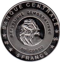 reverse of 5 Francs - Anna Paulowna (1999) coin with KM# 84 from Congo - Democratic Republic. Inscription: BANQUE CENTRALE REPUBLIQUE DEMOCRATIQUE DU CONGO 5 FRANCS 1999