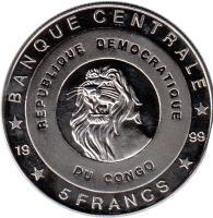 Congo - Democratic Republic coin 5 Francs - Anna Paulowna (1999) reverse reverse of 5 Francs - Anna Paulowna (1999) coin with KM# 84 from Congo - Democratic Republic. Inscription: BANQUE CENTRALE REPUBLIQUE DEMOCRATIQUE DU CONGO 5 FRANCS 1999