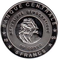 reverse of 5 Francs - King Willem I (1999) coin with KM# 85 from Congo - Democratic Republic. Inscription: BANQUE CENTRALE REPUBLIQUE DEMOCRATIQUE DU CONGO 5 FRANCS 1999