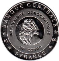 reverse of 5 Francs - King Willem III (1999) coin with KM# 86 from Congo - Democratic Republic. Inscription: BANQUE CENTRALE REPUBLIQUE DEMOCRATIQUE DU CONGO 5 FRANCS 1999